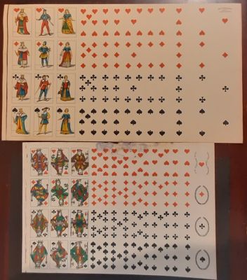 Prints. 1940 circa 2 WHOLE SHEETS of 40 French PLAYING CARDS, cm. 50x34 and 63x36.5 color 