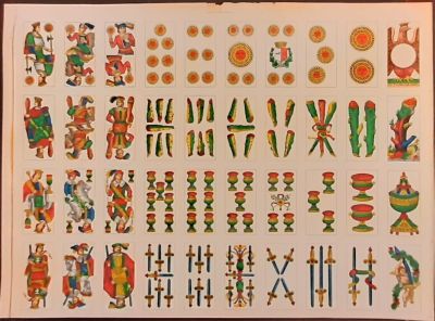 Prints. 1940 WHOLE SHEET of 40 Neapolitan PLAYING CARDS, cm. 53x 39, color print, PIGNALOSA 