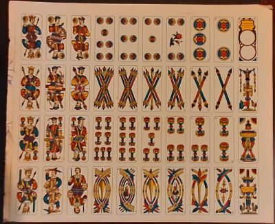 Prints. 1940 WHOLE SHEET of 40 playing cards from Treviso, cm. 53x 39, color print, PIGNALOSA 