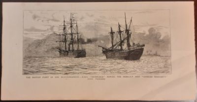Prints. Late 19th century - H.M.S. INVINCIBLE INTO PALERMO, cm. 22.5x10 - (29.5x15). English 