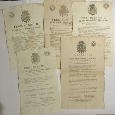 Prints. Kingdom of the Two Sicilies 1826/41 Francesco I and Ferdinando II, set of 5 decrees of 