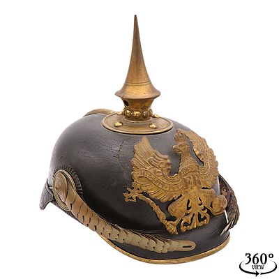 Prussian M1895 Pickelhaube for an Infantry Sergeant Major (Feldwebel). Leather, brass, silk 