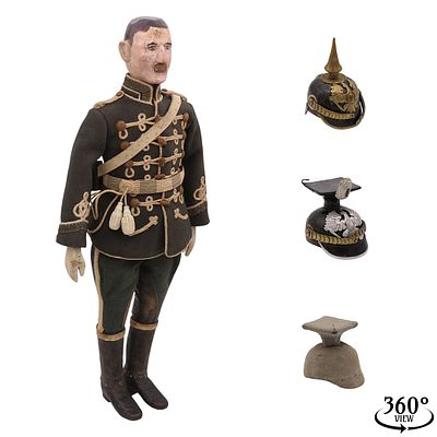 Antique Hussar Doll with Pickelhaube and Two Czapkas, World War I Soldier. Wood, hand-painted 