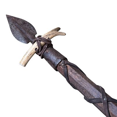 Impressive Boar Spear with Original 18th-Century Tip. Iron, forged; wood; antler; leather. A 