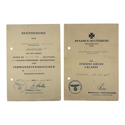 Award Documents Gorath, Iron Cross 1st Cl. & Wound Badge, signed Risse (Knight's cross bearer). P 