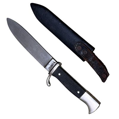 HJ Knife with Scabbard, RZM M7/33 by F. W. Holler. Steel, nickel-plated, Bakelite, leather 