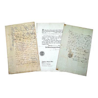 3 Prussian Officer's Documents Carl von Seidlitz, 1826-1835. Paper, ink, embossed seals. A 