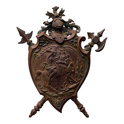 Large Historicism Wall Shield, "Saint George the Dragon Slayer". Cast iron, with a dark age 