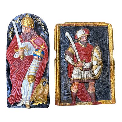 Pair of Historicism Cast Iron Plaques, Carolus Magnus by Strebel & Warrior. Cast iron 