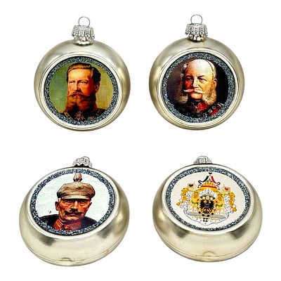 Lot of 4 Patriotic Christmas Ornaments, Central Powers WWI, 2nd Half 20th C. Glass, silvered on 