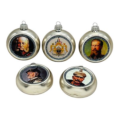 Lot of 5 Patriotic Christmas Ornaments, Heroes of the German Empire, 2nd Half 20th C. Glass 