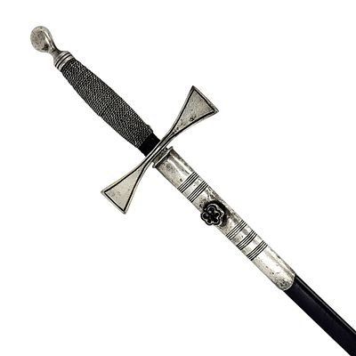 Lodge Sword with Silver Cross-Shaped Crossguard and Leather Scabbard. Steel and silver. 