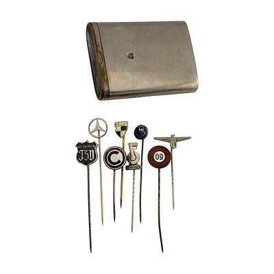8 Stick Pins Badges from FRAMO etc. & Metal Matchbox Case. Consisting of a case and eight 