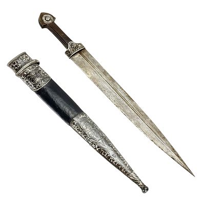 Caucasian Kindjal with Niello Inlays and Silver Fittings on Grip and Scabbard. Steel, silver and 