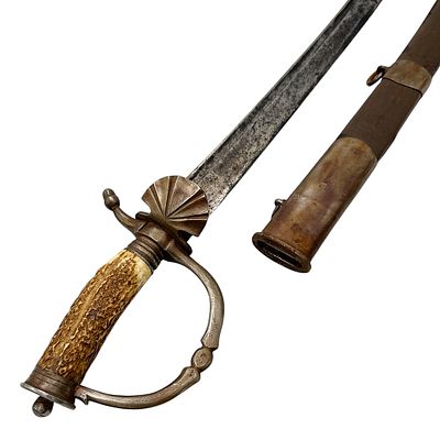 Hunting Sabre with Single-Edged Blade, Stag Horn Grip and Shell Guard, Leather Scabbard. Steel 