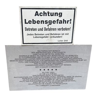 Military Warning Signs “Danger to Life / Military Area” – U.S. Forces, Cold War. two original 