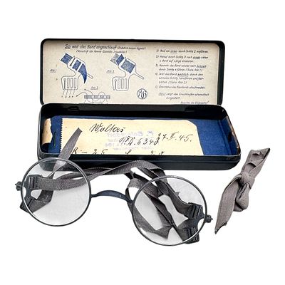 Wehrmacht Gas Mask Spectacles in Case with Medical Supplies, dated 1941. Metal, glass, textile 