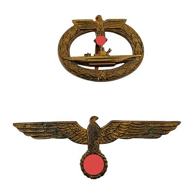Third Reich U-Boat War Badge & Navy Breast Eagle Brass. Set of two military badges of the 
