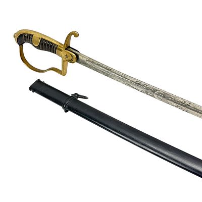 Ottoman Officer's Sabre with Crescent and Star, Decorative Etchings and Engraved Dealer Name. Ste 