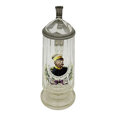 Bismarck beer stein with historical motto, glass with pewter lid. Glass with pewter lid. 
