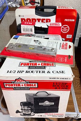 A Collection of Five Porter-Cable Power Tools and Accessories including 90th Anniversary Router Kit