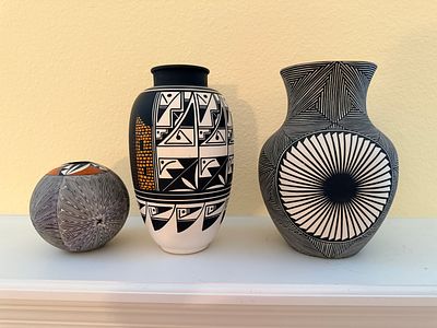 Three Contemporary Native American Acoma and Ute Pueblo Style Ceramic Vessels. A trio of 