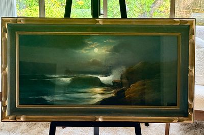 American School Late 19th Century Moonlit Seascape Pastel Painting. This antique original art is 
