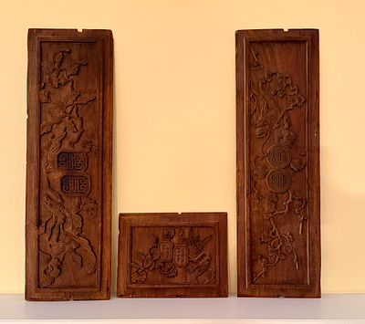 A Trio of Chinese Carved Hardwood Architectural Inset Panels. A set comprising two vertical and 