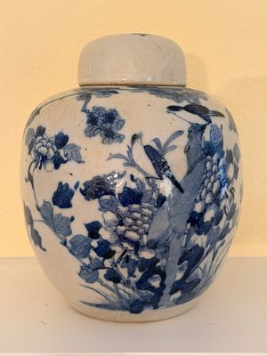 Chinese Blue and White Porcelain Bird and Flower Ginger Jar with Lid. A hand-painted Chinese 