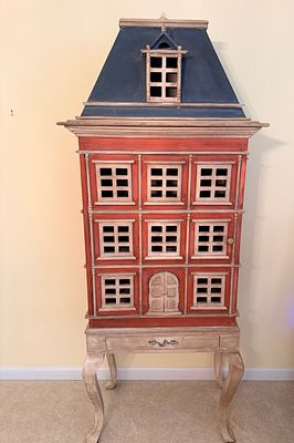 Provincial Style Polychrome Decorated Dollhouse Form Cabinet on Stand. This wooden display 