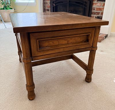 Mid-Century Mediterranean Style Oak Side Table with Lou Regester Retailer Label. A rectangular 