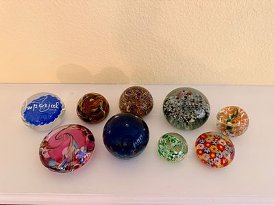 Nine Assorted Art Glass Paperweights Including Imperial Glass. This collection comprises nine 