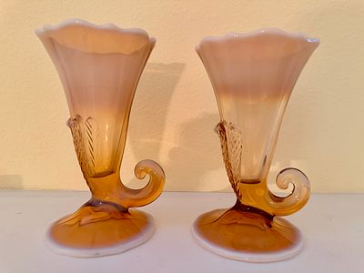 A Pair of Duncan and Miller Three Feathers Pink Opalescent Glass Cornucopia Vases. A pair of 