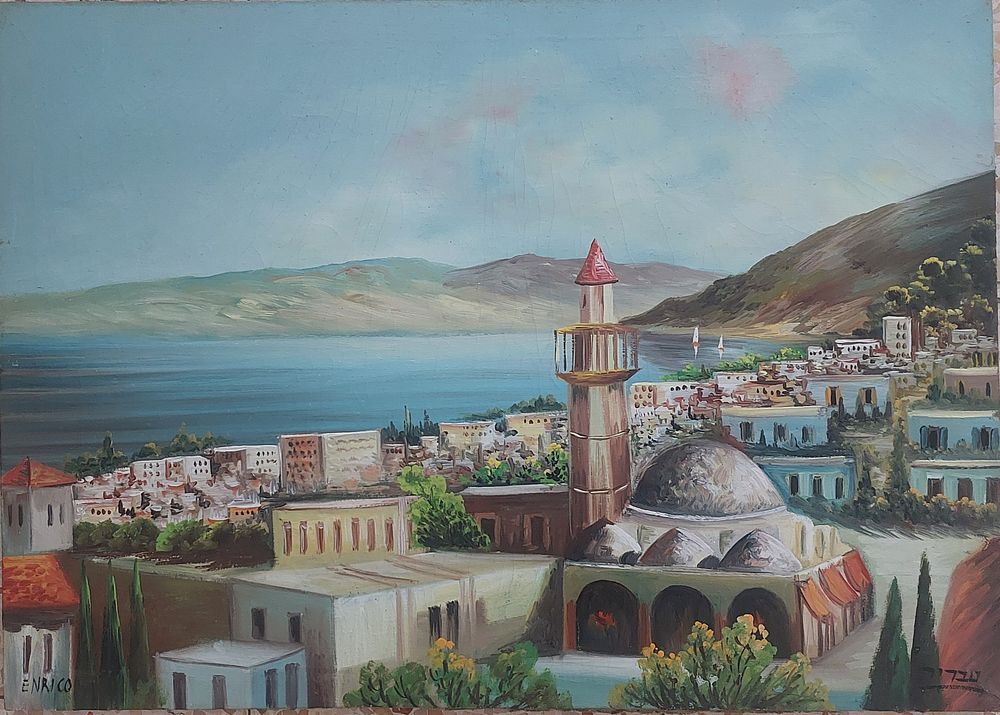 ציור שמן על בד חתום טבריא". ישן מאד, גוונים מרהיבים , 70&times;50. ללא מיסגור.