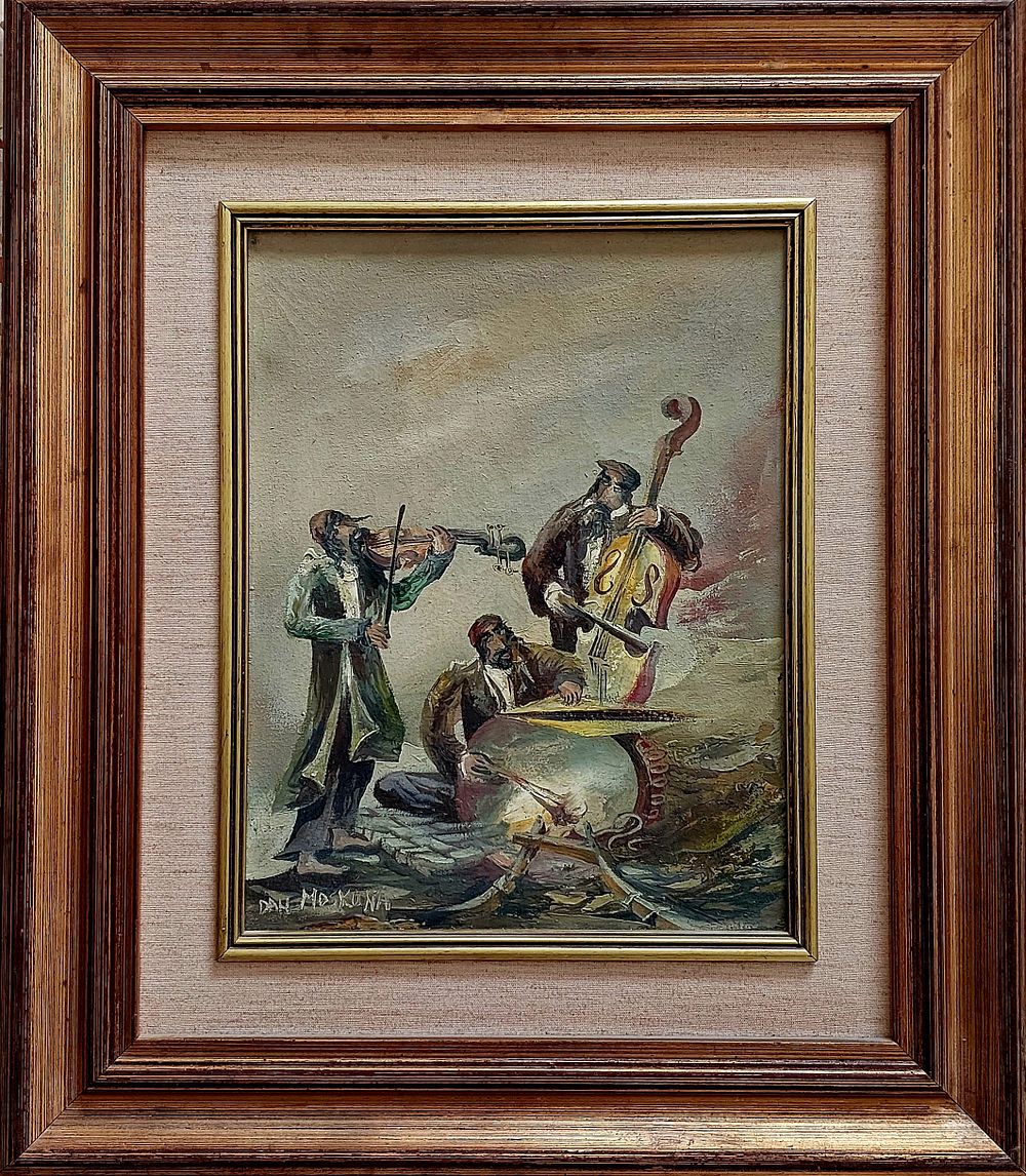 שמן על בד , דן מוסקונה, ציור יפיפה ישן עים מסגרת עץ מסיבית , 48&times;55 ס"מ.