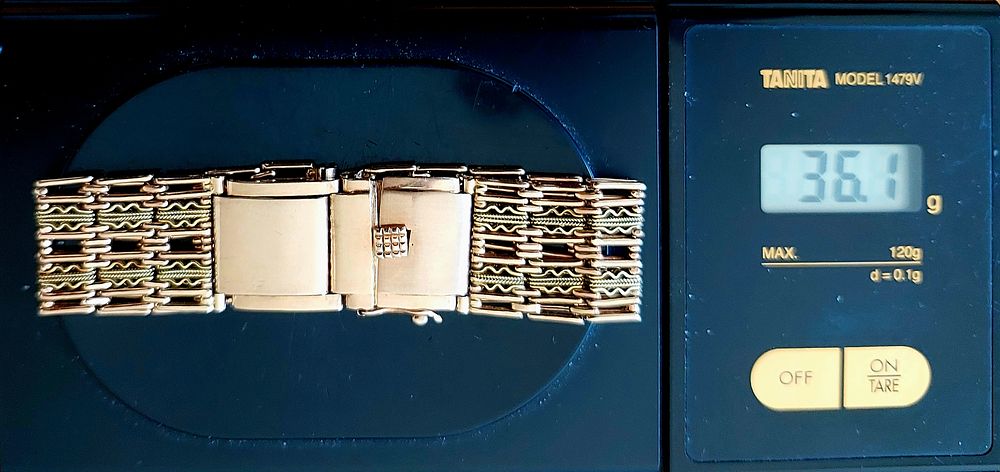 צמיד וינטאז' לשעון , זהב 583 חתום רוסיה, 20 מ"מ רוחב הרצועה, 36.1g מצב טוב מאד. - 12% עמלה בלבד 