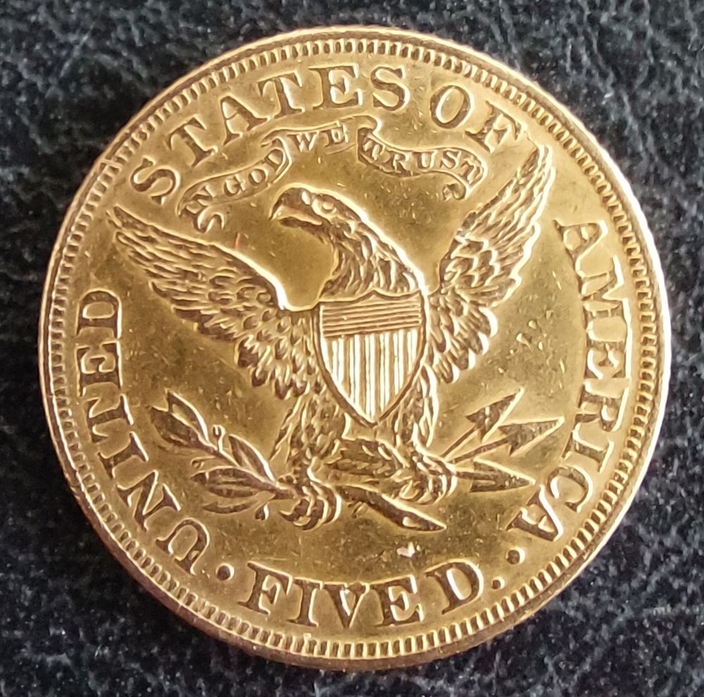 5$ אמריקה, זהב 900, נדיר 8.34g מצב מצוין. - 12% עמלה, אין מע"מ.