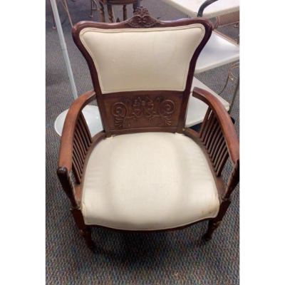 Mid Century Dark Wood Chair w/ Carvings in the. back, Has small stains
