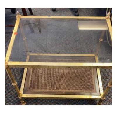 Brass Glass Top End Table W/ Metal Frame & Open. shelf. 21 inches tall 28 inches wide