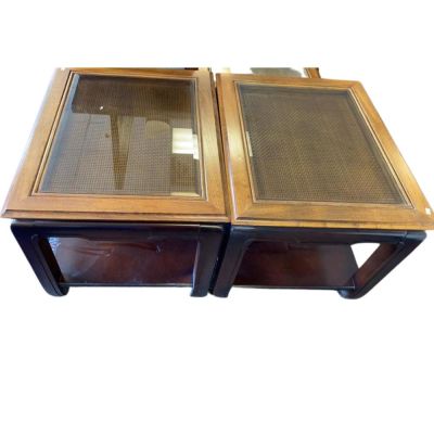 Pair Mid Century Glass Top Weave End Tables. 21 inches tall 28 inches wide