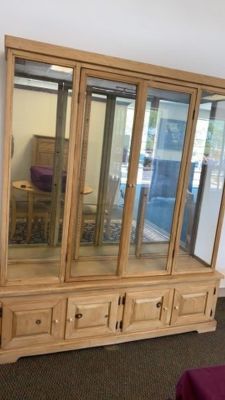 2 pc French Country Wooden China Hutch. Glass shelves inside