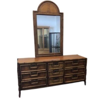 Vintage Stanley Faux Bamboo Dresser with Mirror. 9 drawer