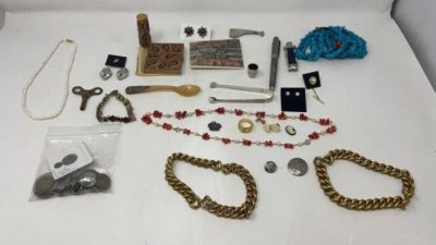 14k Earrings, Sterling Sugar Tong, Navajo Signed,. Signed Pin, Some sterling and 14k gold pearl 