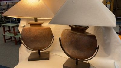 Pair Table Lamps on Iron Base. 34 inches tall, please view photos for further details.