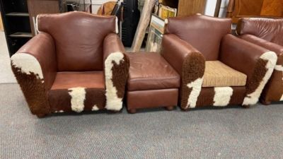 Pair Western Hair on Hide Chairs w 1 Ottoman. One missing cushion