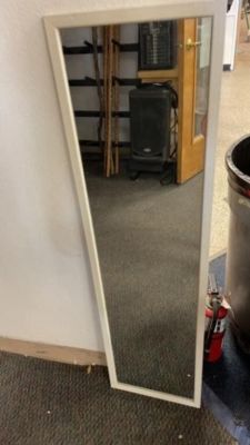 White Rimmed Mirror Back of Door Mirror. 49.5 inches tall