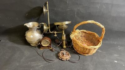 Brass Pitcher, Vintage Wall Lamp, Basket, Clock. Clock wall lamps and more