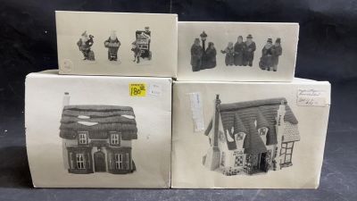 4 Dickens Village Series Collection. Dickens village series carolers, cottage toy shop, maylie 