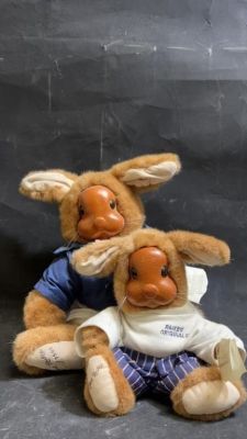 2 Original Robert Raikes Bunnies. Raikes originals stuffed bunnies with wood faces
