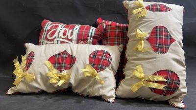 4 Seasonal throw pillows, Joy, ornaments. 4 seasonal pillows